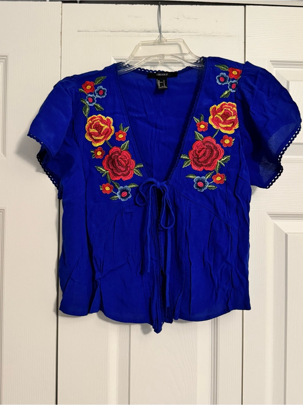 Forever 21 Cobalt Blue Floral Embroidered Tie-Front Blouse